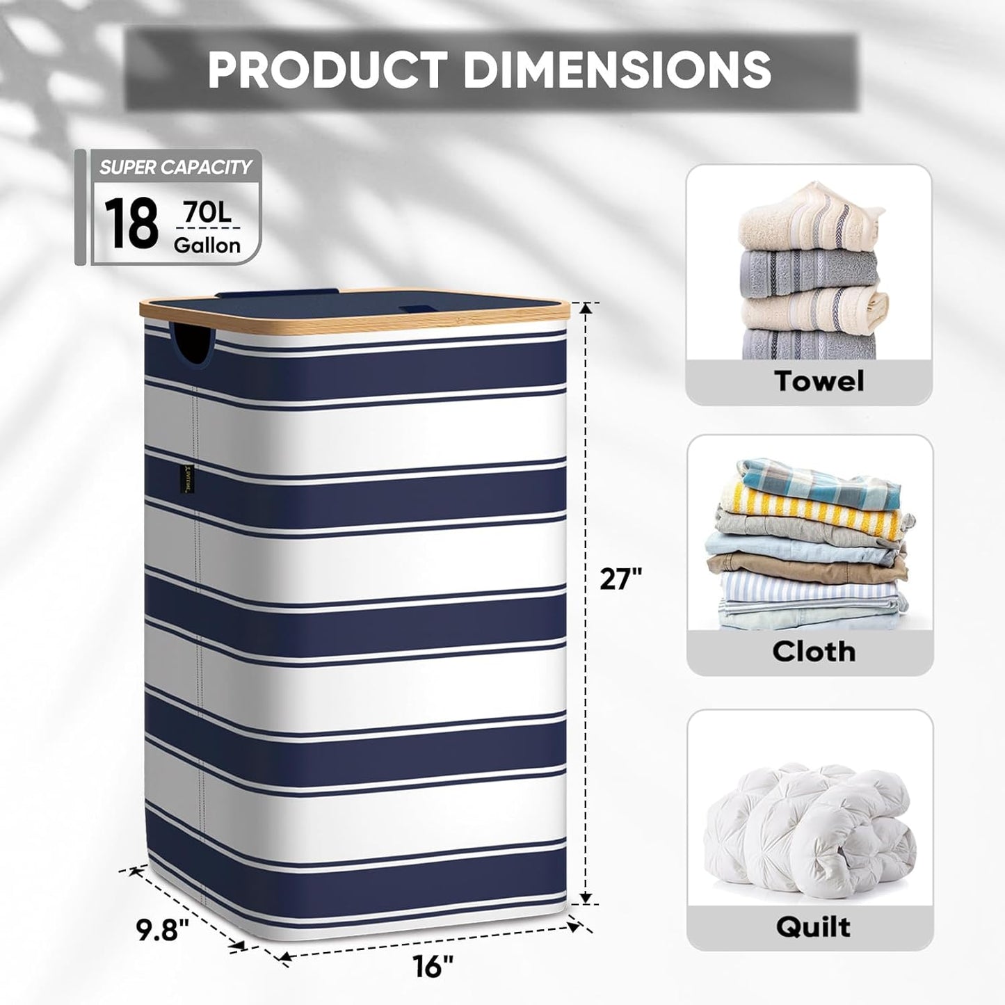 BALEINE Laundry Hamper with Lid, Tall Laundry Baskets with Bamboo Pull Handles, Large Laundry Bin with Internal Support (18 Gal/70L, Blue Stripe)