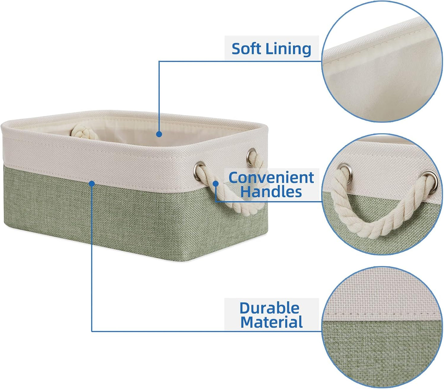Temary Small Storage Baskets Small Fabric Bins for Closet, 6 Pack Decorative Storage Boxes with Rope Handles for Organizing Clothes, Canvas Storage Basket(White&Green,11.8L x 7.9W x 5.3H inches)
