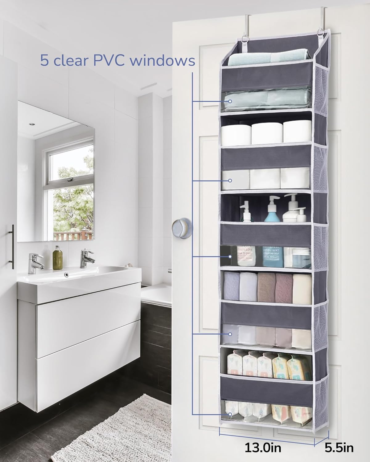 ULG 1 Pack Compact Size Over Door Organizer Slim Door Storage for Small-Sized Doors, 5 Shelves, Dark Gray