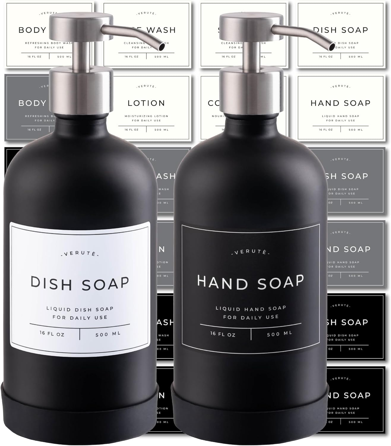16oz Glass Soap Dispenser with Stainless Steel Pump, 21 Waterproof Labels, Non-Slip Protective Silicone Pad, Set of 2 for Bathroom & Kitchen (Matte Black Bottle/Brushed Silver Pump)