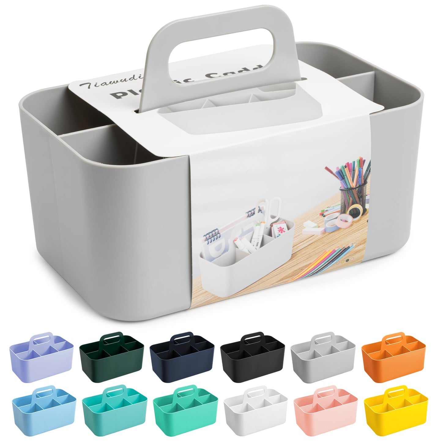 Tiawudi Multipurpose Caddy Organizer, Plastic Caddy with Handle, Stackable Desk Organizer for