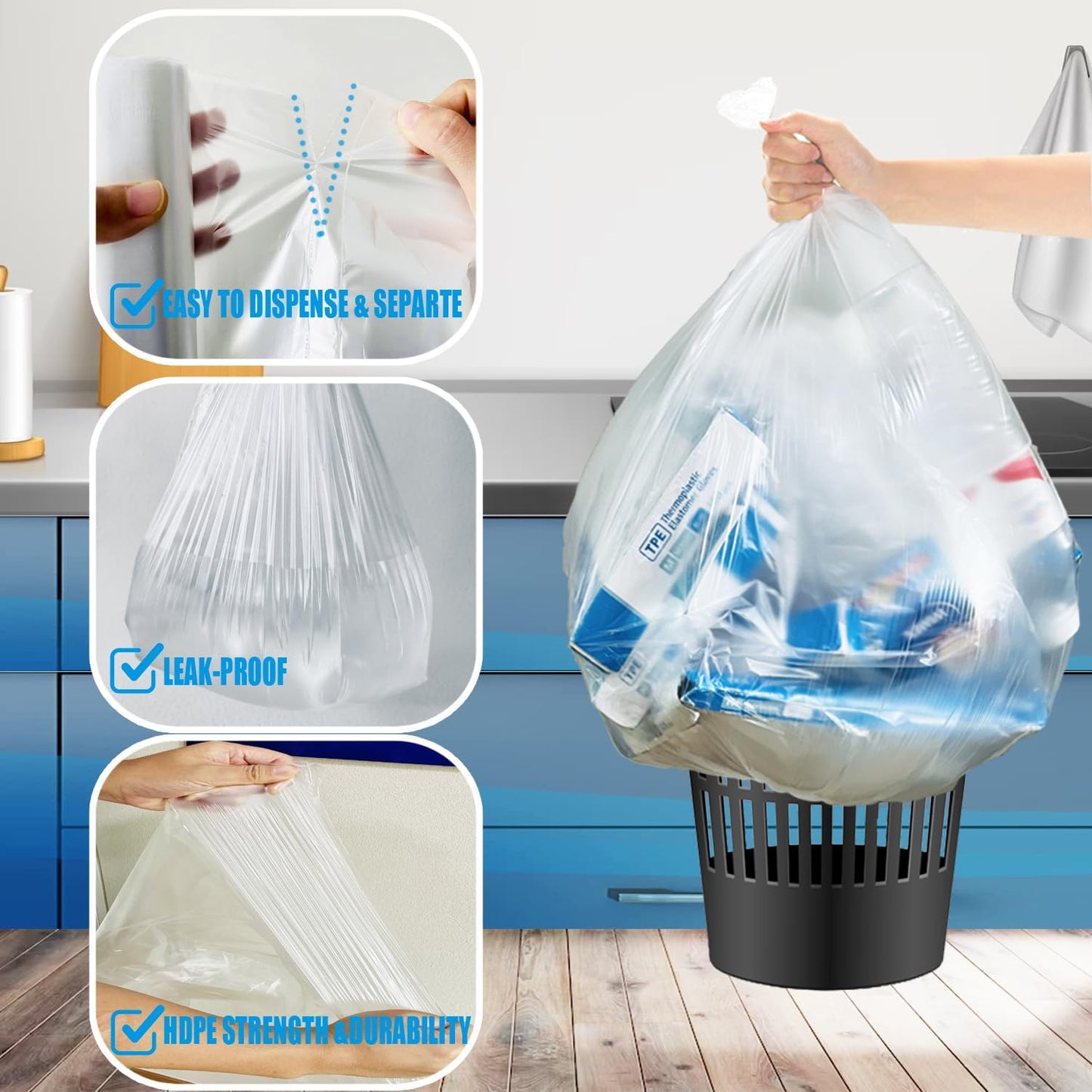 4-6 Gallon Trash Bags, 300 Count Bulk, Clear Plastic Recycling Bags, Multi-purpose Garbage Bags for Business Home Bathroom Kitchen Commercial and Industrial
