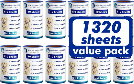 Lint Rollers for Pet Hair Extra Sticky, 1320 Sheets (12 Refills Mega Value Set), Portable Pet Lint Remover for Clothes, Furniture, Carpet, Dog & Cat Hair Removal