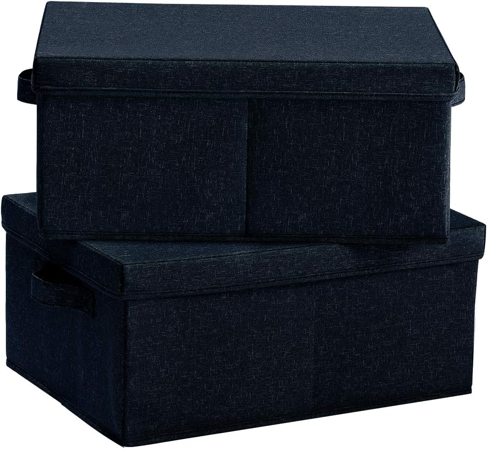 HOONEX Linen Foldable Storage Bins with Lids, 2 Pack, Storage Boxes with Carrying Handles and Sturdy Heavy Cardboard, 16.5" L x 11.8" W x 7.5" H for Shoes, Books, Clothes, Nursery, Dark Grey