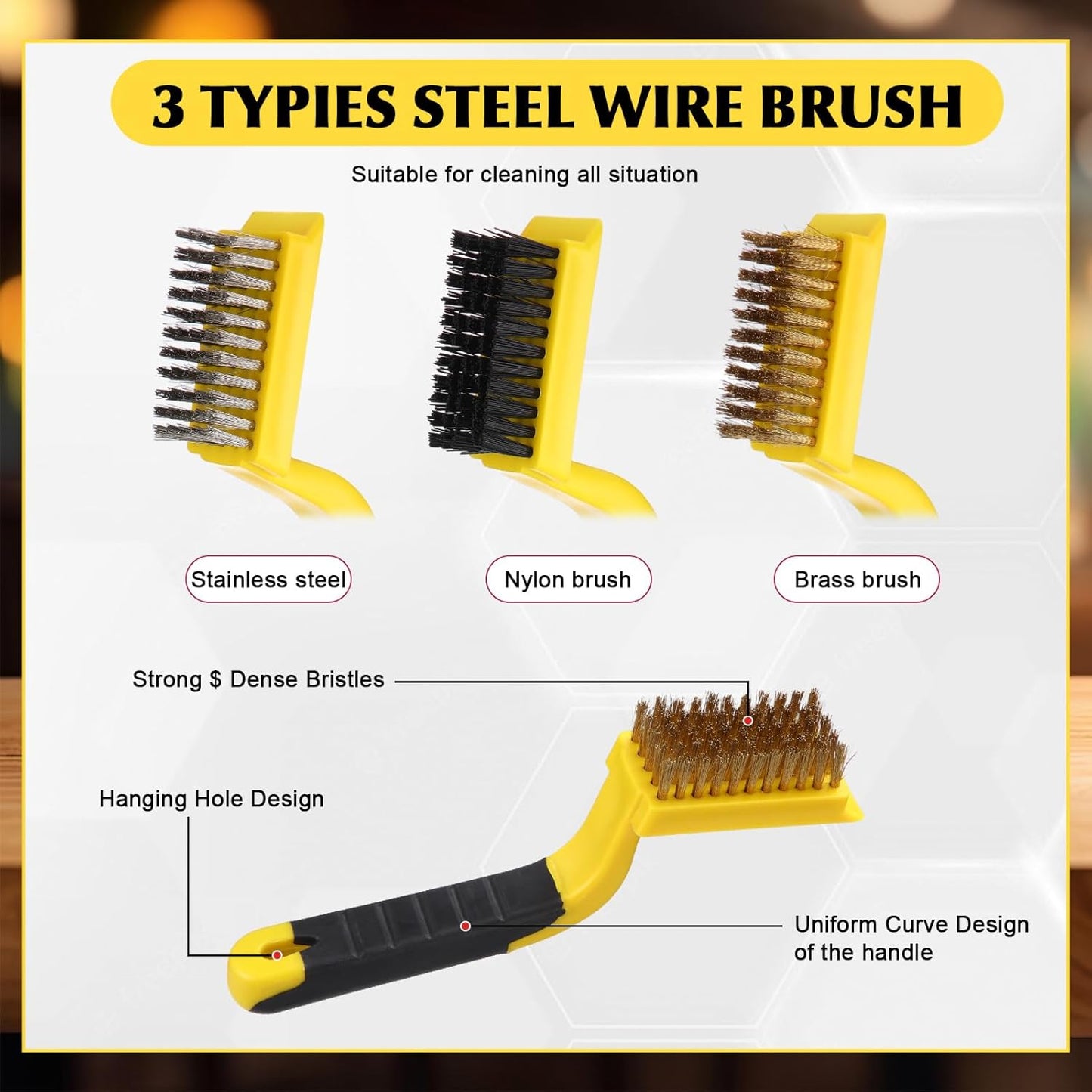 Sumind 30 Pcs Wire Cleaning Brush Set Nylon/ Stainless Steel/ Brass Metal Brush with Curved Handle Grip Paint Remover for Cleaning, Rust, Drill, Scrub, Grout Cleaner Tool (Yellow and Black)