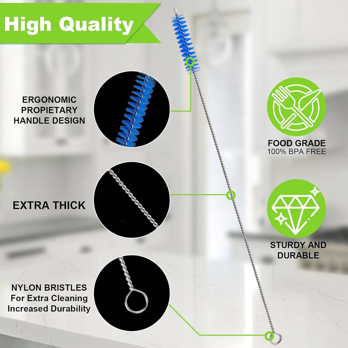 Straw Cleaner Brush for Stanley, 12 Inch Extra Long Straw Brush Cleaner (8-Pack) Includes 2 Reusable Glass Straws for 40 oz Tumbler and Water Bottle, Durable & Rust Resistant