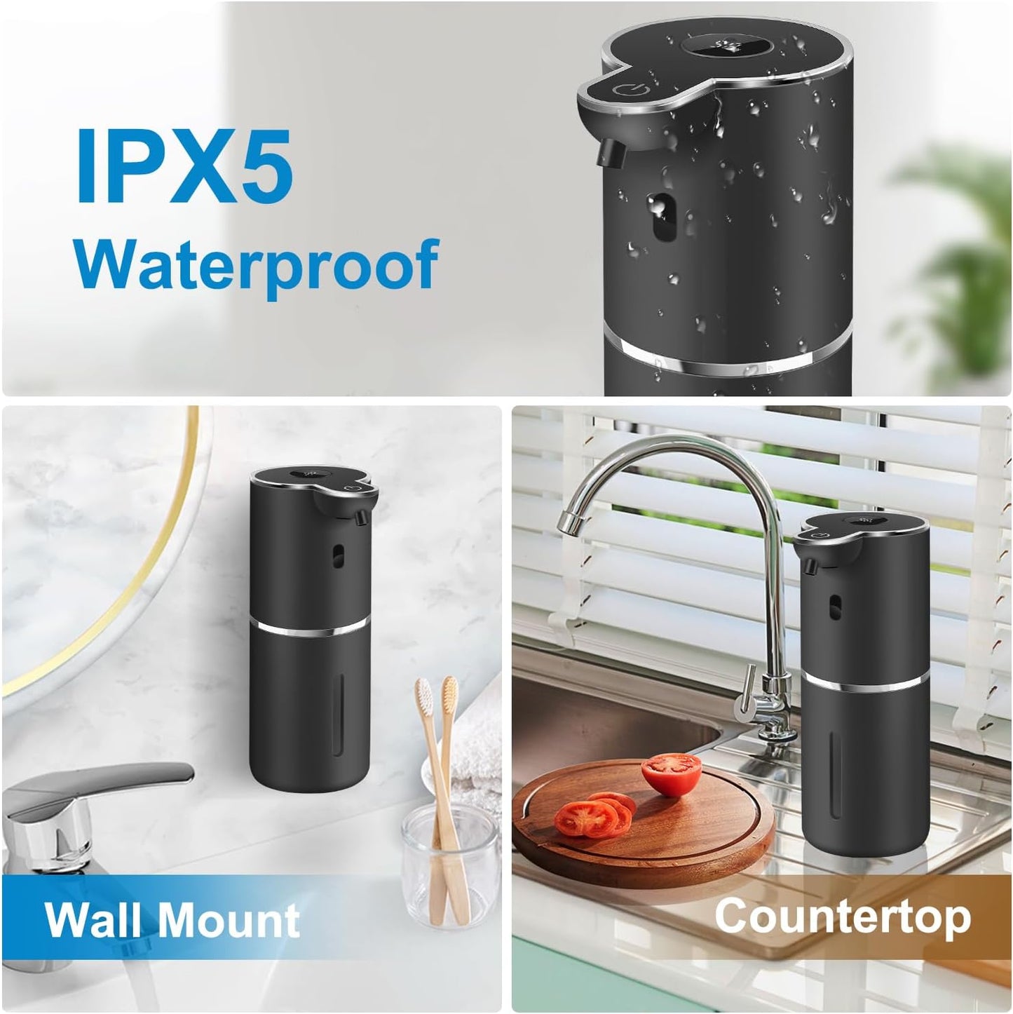 Automatic Liquid Soap Dispenser 12.8oz, Rechargeable & 6 Levels Soap Adjustable with Digital Display, Wall Mount, Waterproof, Touchless Hand/Dish Soap Dispenser for Kitchen, Bathroom, Hotel