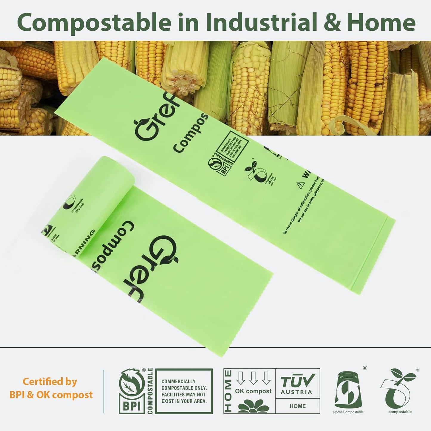 Compostable Bags,Trash bags 13+ gallon tall kitchen, Compostable Trash Lawn & Leaf Yard Waste Bags,Kitchen Compost Trash Bin Compatible,Extra Thick1.01 Mills,Certified by BPI and OK Compost