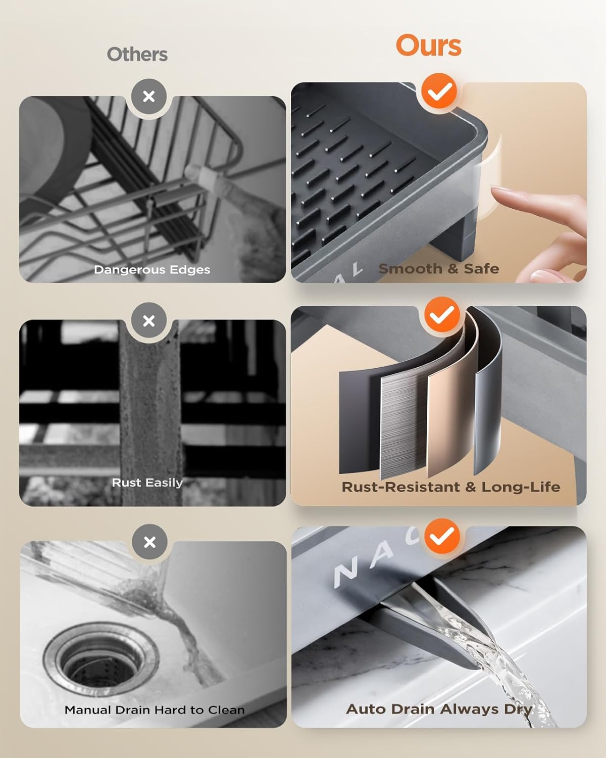 Nacial Sponge Holder for Kitchen Sink, Sink Caddy Organizer with High Brush Holder, Two Towel Racks & Soap Dispenser- Rustproof 304 Stainless Steel Kitchen Countertop Storage Essentials - Gris