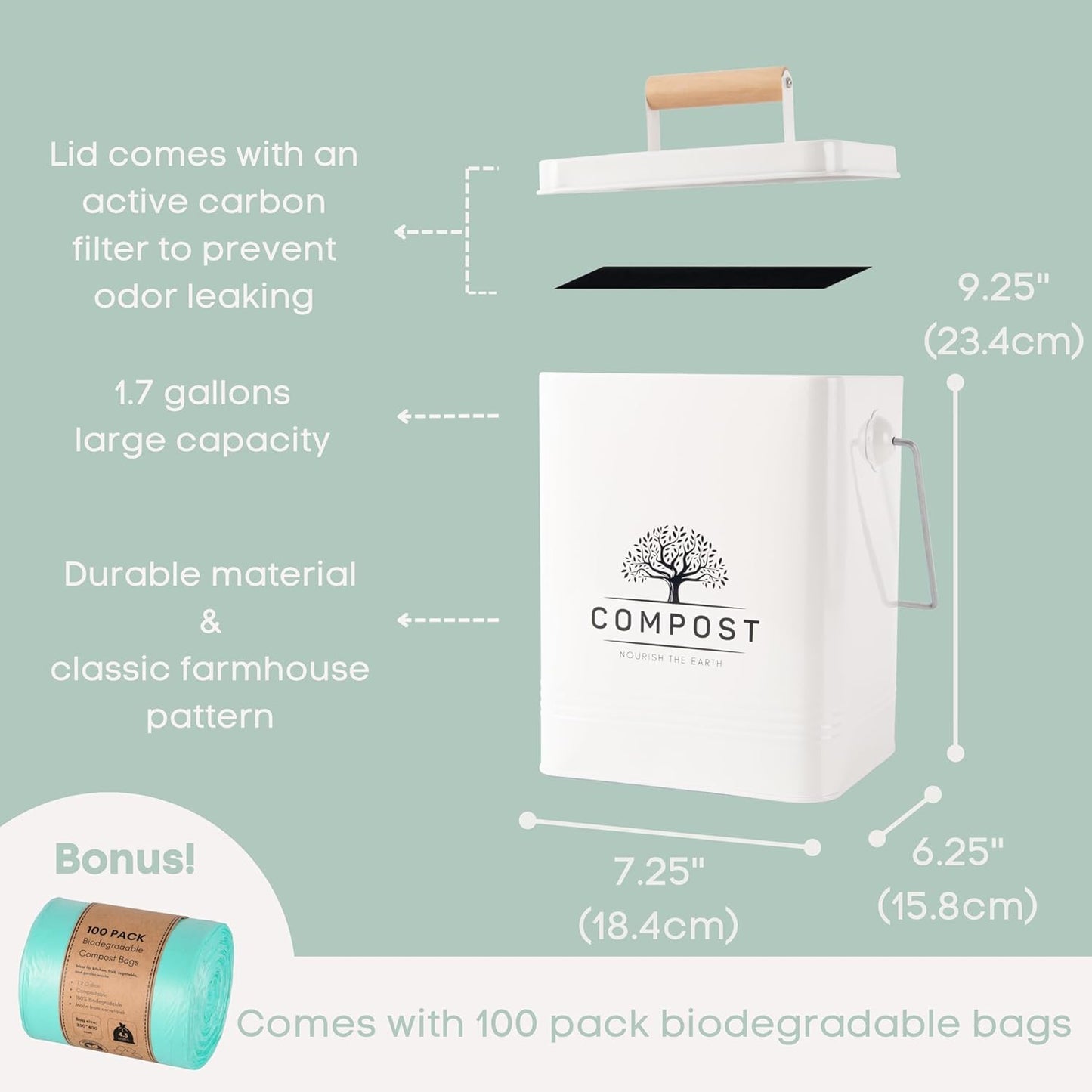 PERFNIQUE Kitchen Compost Bin, 1.7 Gallon Countertop Compost Bin with Lid, Indoor Compost Bin Includes 2 Carbon Filters, Small Compost Bucket, Food Waste Bin for Kitchen with Trash Bags (Cream White)