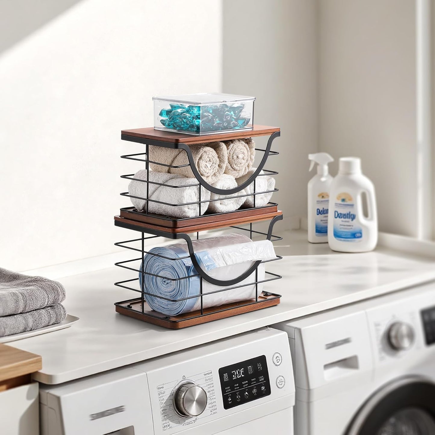 Extra Large Trash Bag Holder Stackable Kitchen Storage, 2 Pack Wall Mounted Pantry Organizers and Storage with Bamboo Top, Garbage Bag Dispenser Under Sink for Laundry Room and Kitchen