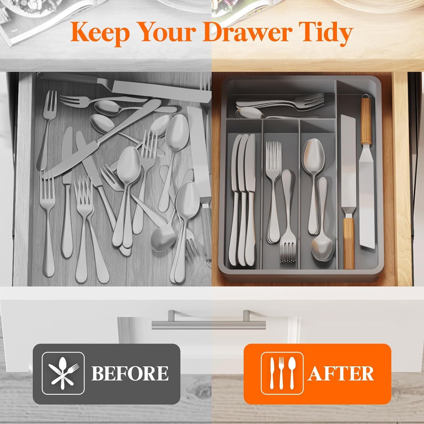 Lifewit Silverware Tray, Deep Wide Cutlery Drawer Organizer Storage for Kitchen, Plastic Flatware Utensil Holder Divider for Spoons Forks Knives Tableware, 5 Compartment, Gray