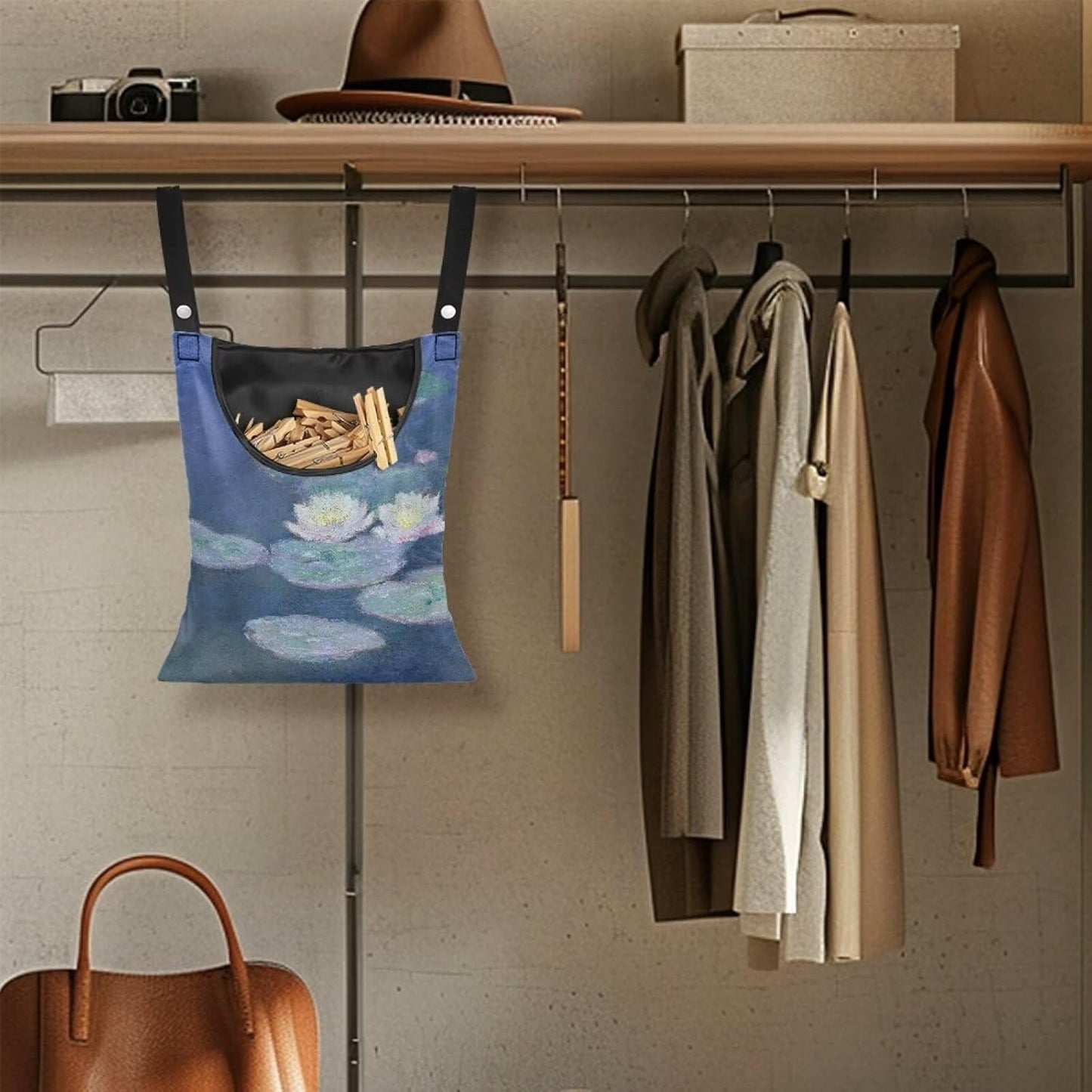 Outdoor Clothespin Storage Bag with Windproof Design - Monet Water Lilies Print Heavy Duty Polyester Hanging Organizer Pouch for Clothesline Pins - Large 14.5"x12" with Hanging Loop