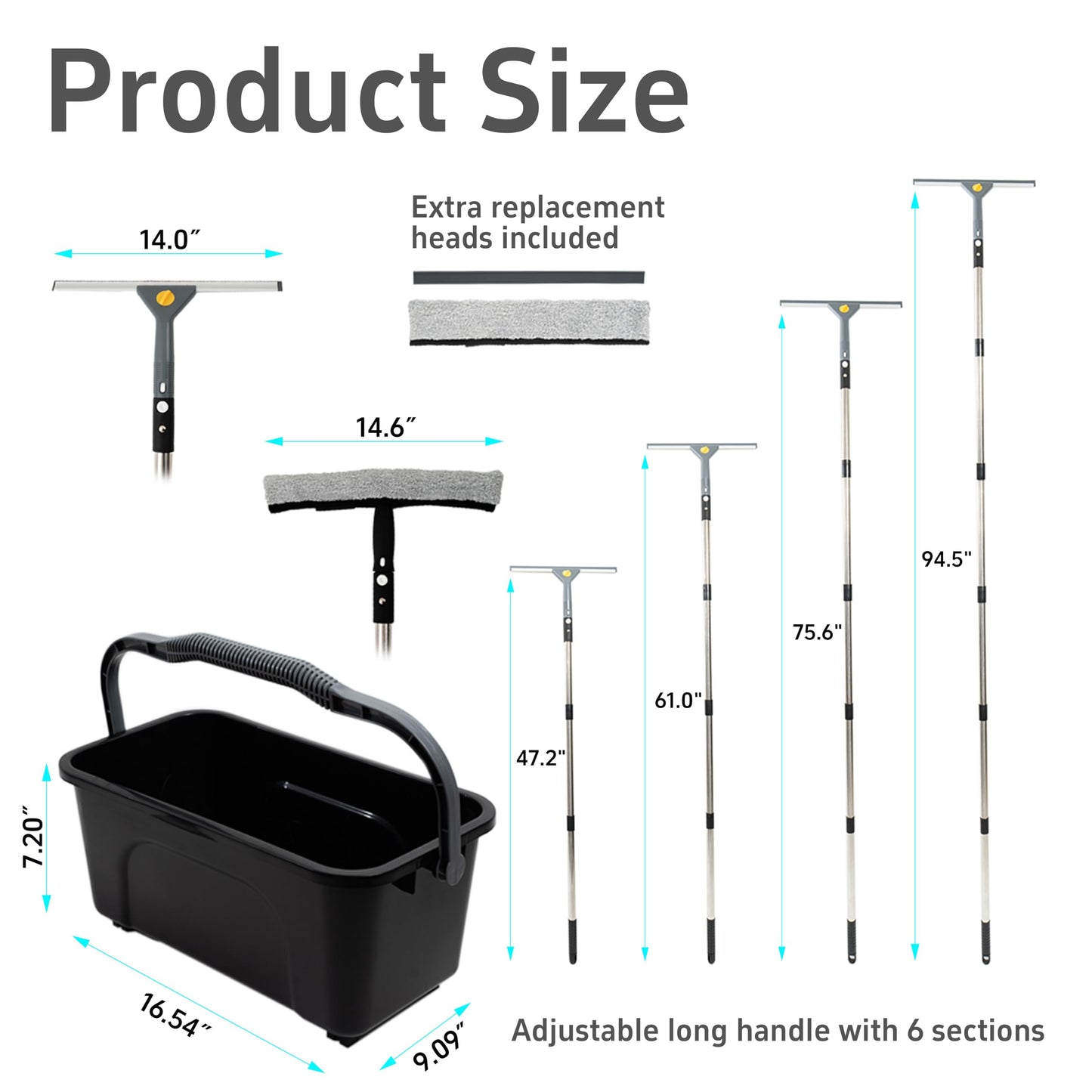 Window Washing Kit with Extension Pole(19–94.5"), Window Squeegee with Extension Pole, High Reach