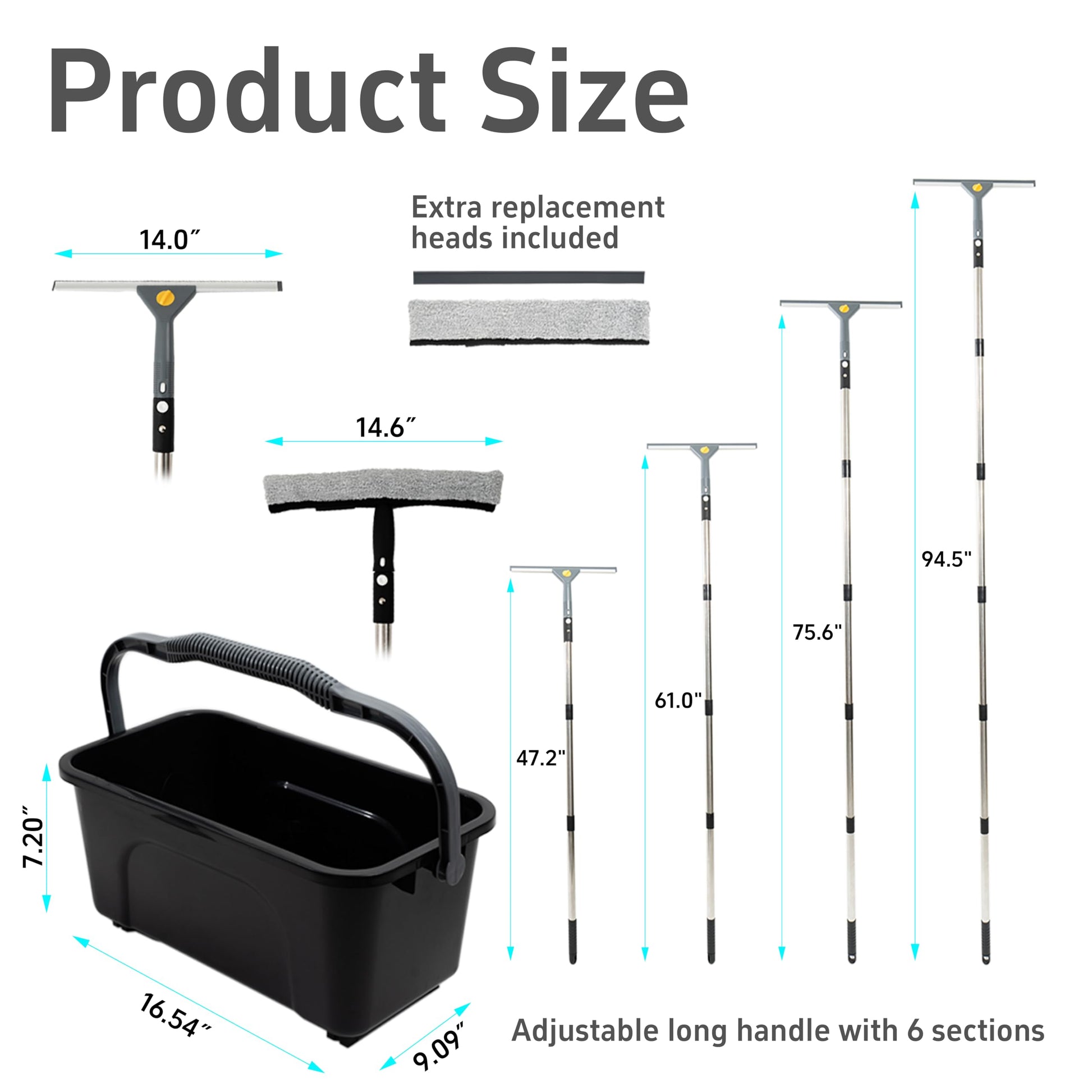 Window Washing Kit with Extension Pole(19–94.5"), Window Squeegee with Extension Pole, High Reach