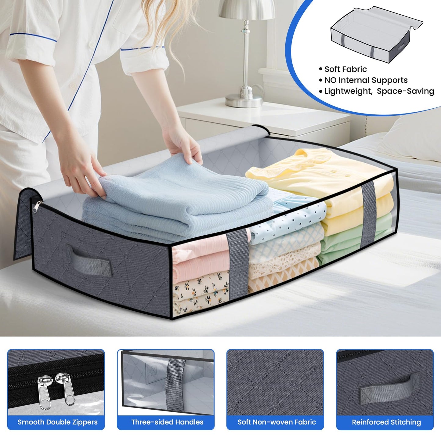 TasticTotes 4 Pack Under Bed Storage Containers, 60L Blanket Storage Bags