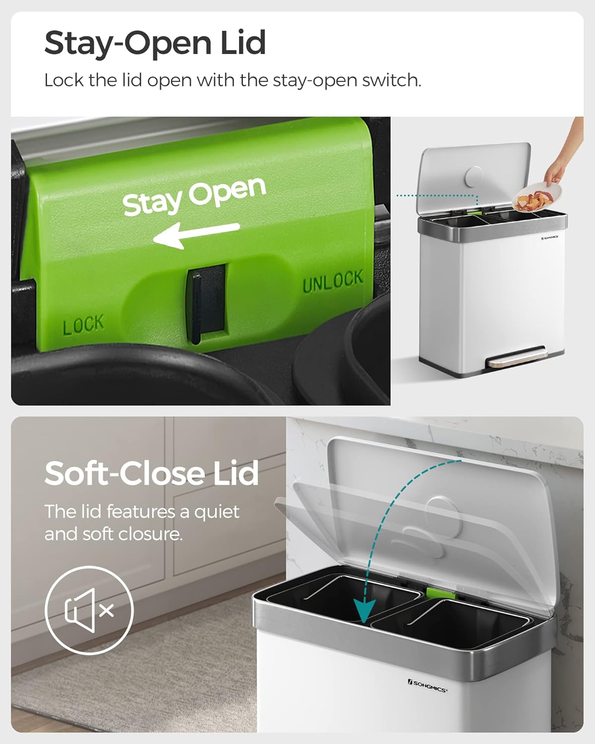 SONGMICS Kitchen Trash Can, 16 Gallon (2 x 8 Gallon) Dual Compartment Garbage Can, 60L Pedal Recycling Bin, Stays Open and Soft Close, Stainless Steel, 15 Bags Included, Cloud White ULTB202W01