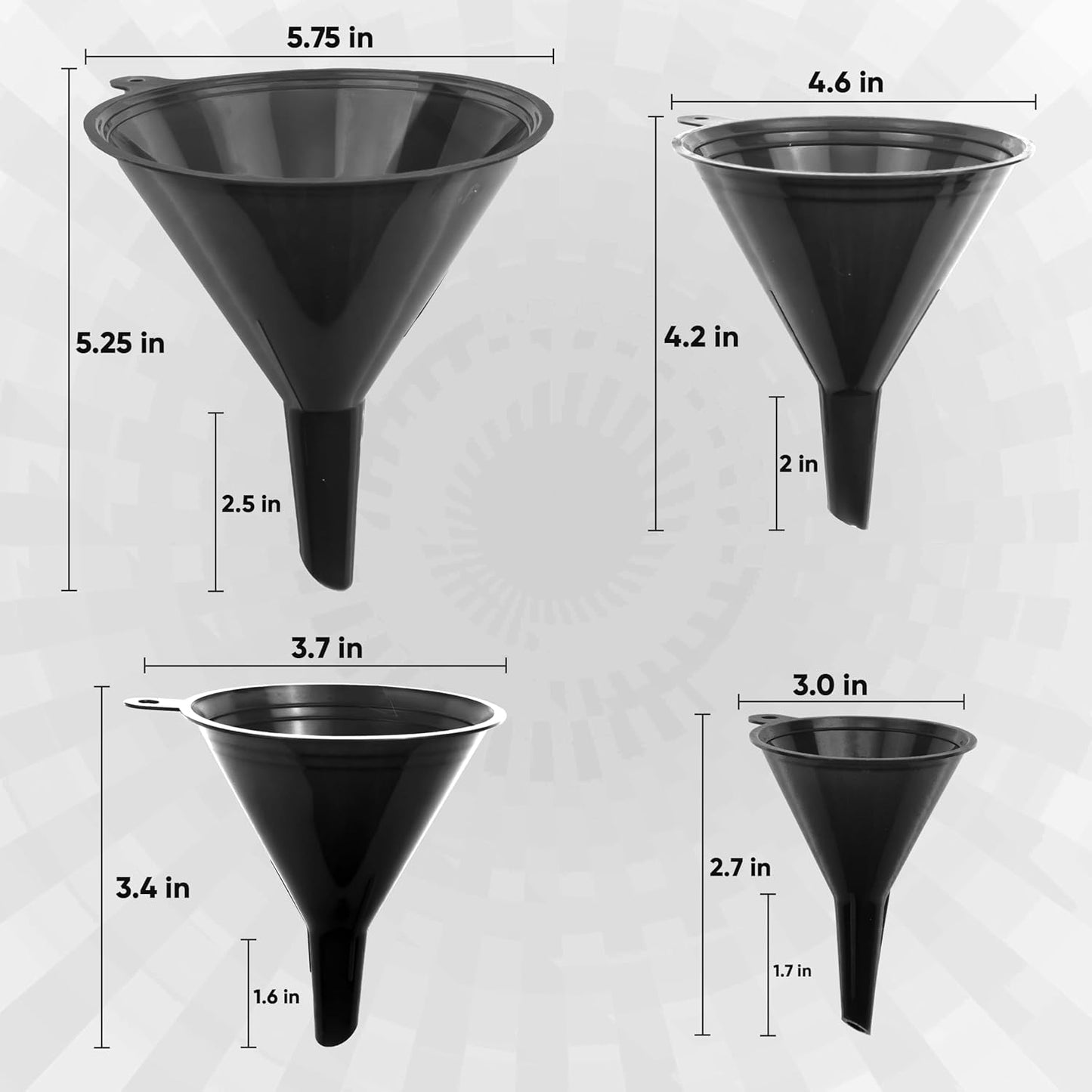 Funnels for Kitchen Use – Black Set in 4 Sizes (122, 101, 76 & 50mm) | Durable, Non-Toxic Food Grade Plastic – Ideal for Filling Bottles, Jars & Containers | Perfect for Kitchen, Garage & Labs