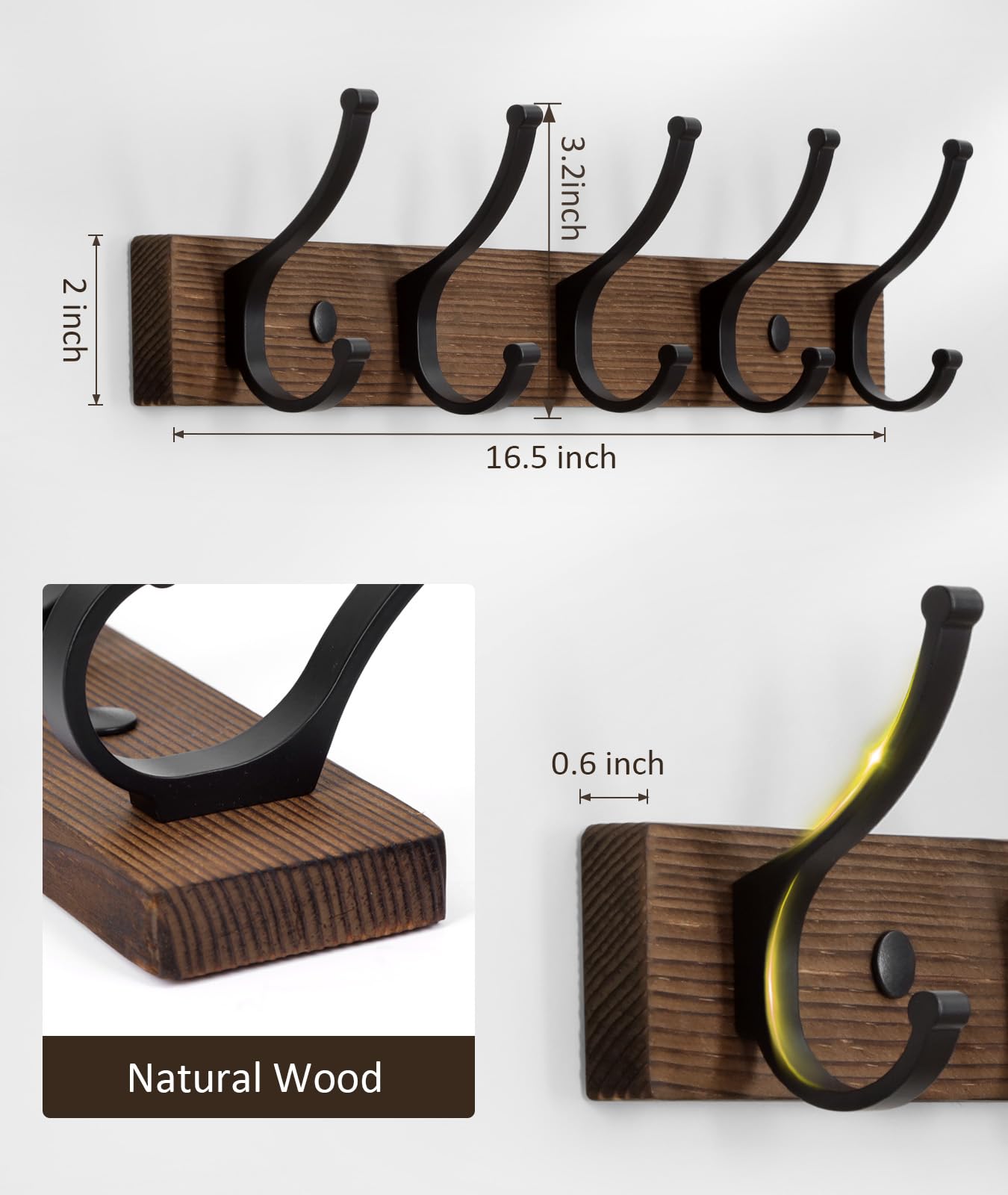 Optish Coat Rack Wall Mount, 16.5 Inches Wood Coat Hooks, Wall Hooks for Hanging, Hat Rack Bag