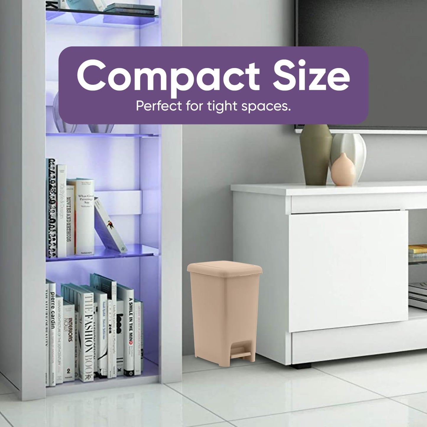 Superio Slim Step On Trash Can, Beige Waste Bin with Foot Pedal Lid 26 Liter, Kitchen, Under Desk, Office, Bedroom, Bathroom (1, 4 Gallon)