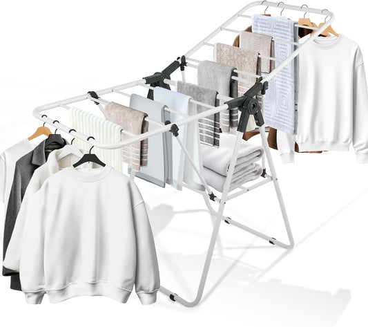 Clothes Drying Rack, Metal Foldable Laundry Drying Rack, with Adjustable Height Levels Wings, Space Saving, Indoor Outdoor Use, White Free-Standing Airer