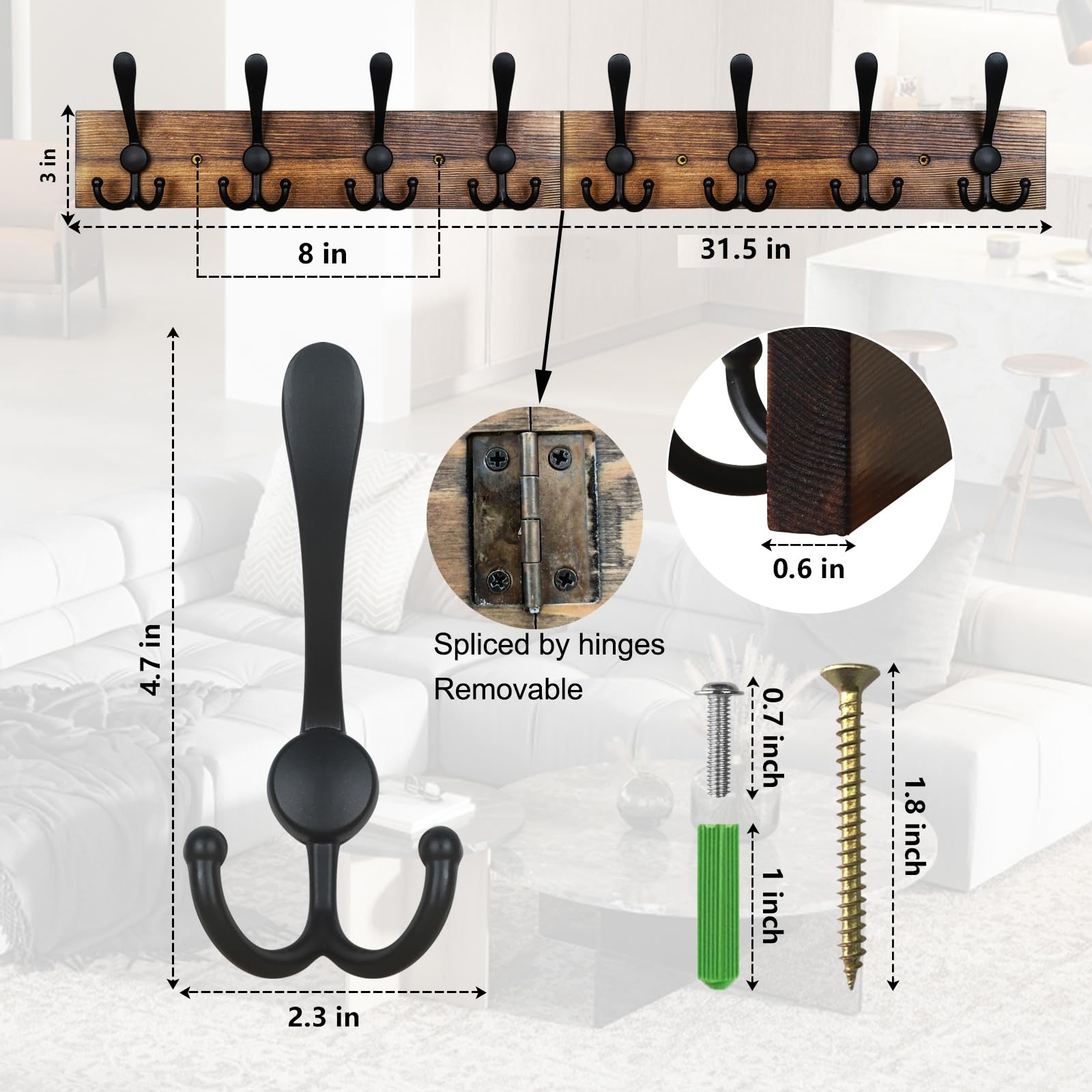 Homagic Coat Rack Wall Mount 31.5'' Coat Hanger Wall Mount Burnt Brown Coat Hooks for Wall Rustic