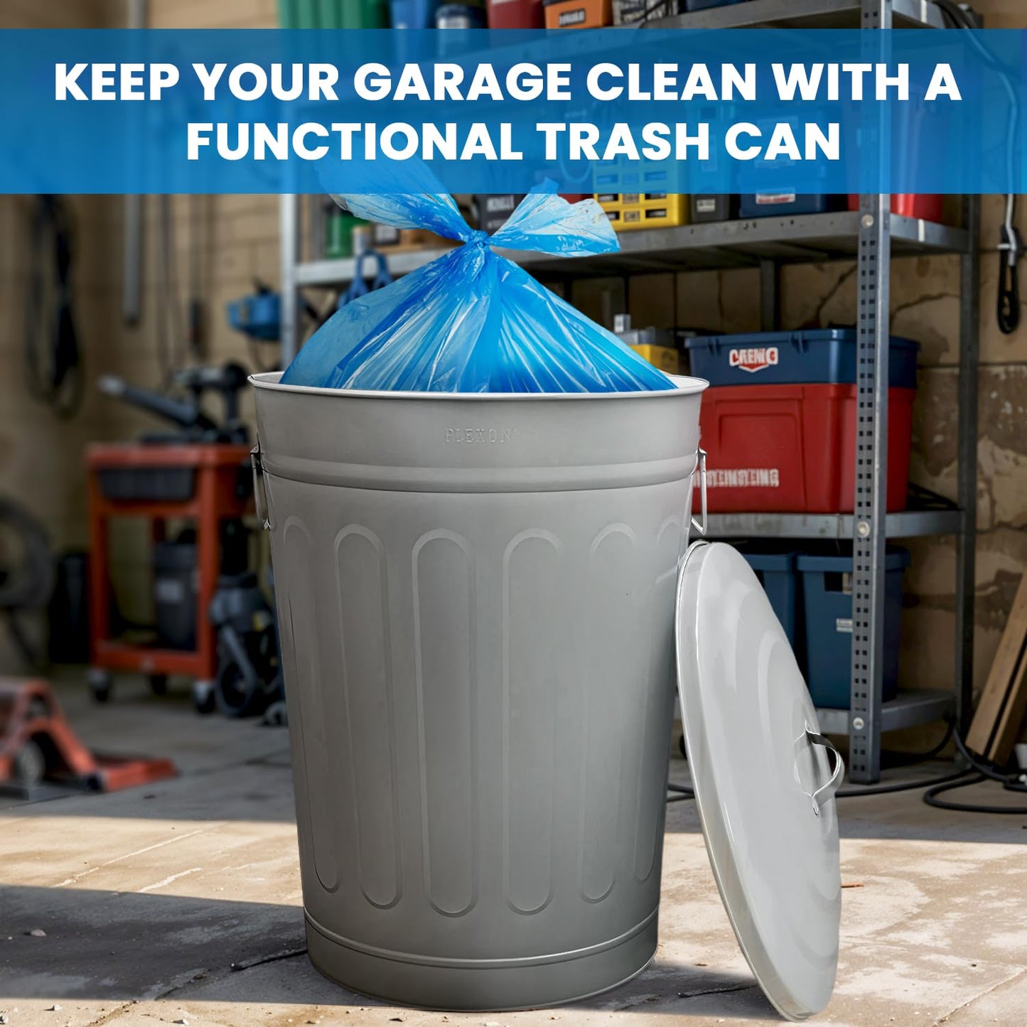 Plexon Round Trash Can 13 Gallon, Vintage Metal Outdoor Trash Can with Lid, Retro Farmhouse Garbage Container, Old School Modern Ash Bucket, Gray 6 Pack