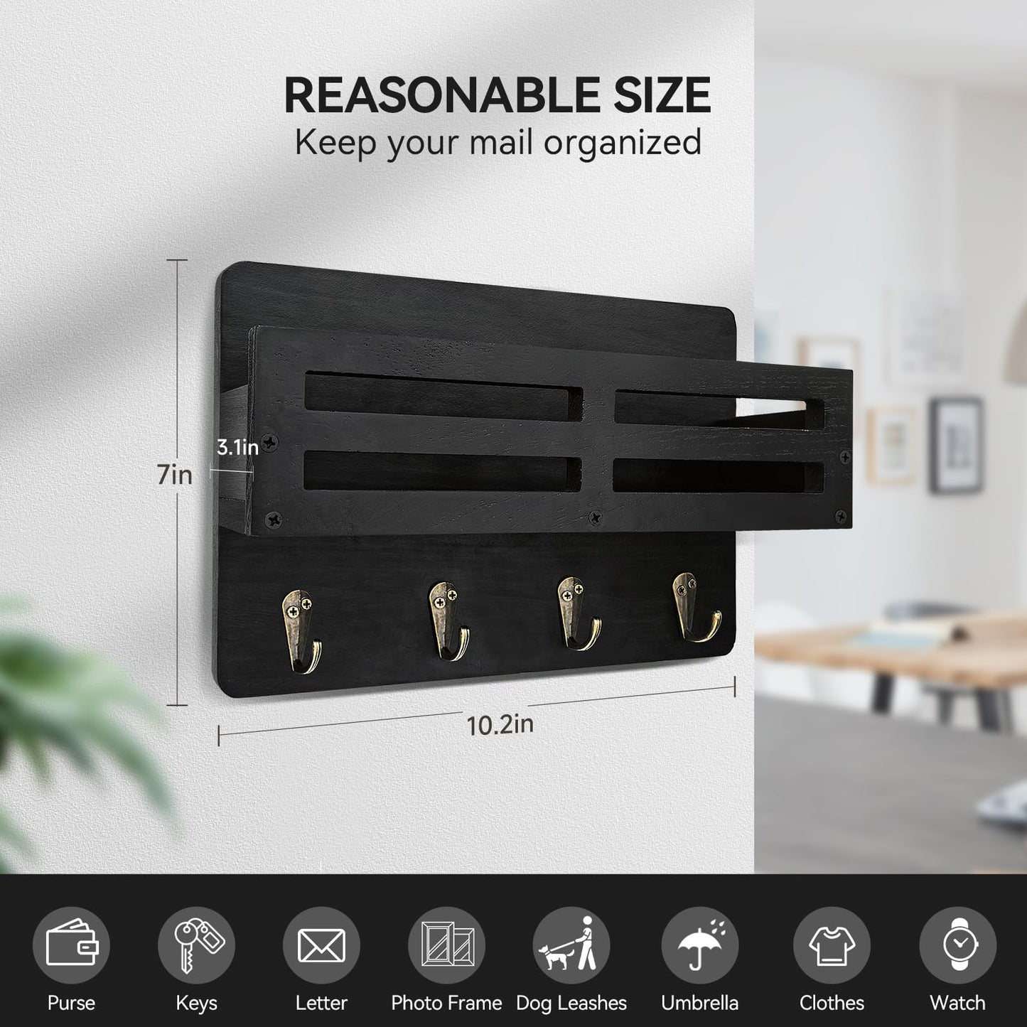 KISENG Key Holder Wall Mount, 10 inch Decorative Key and Mail Holder for Wall, with Mail Organizer