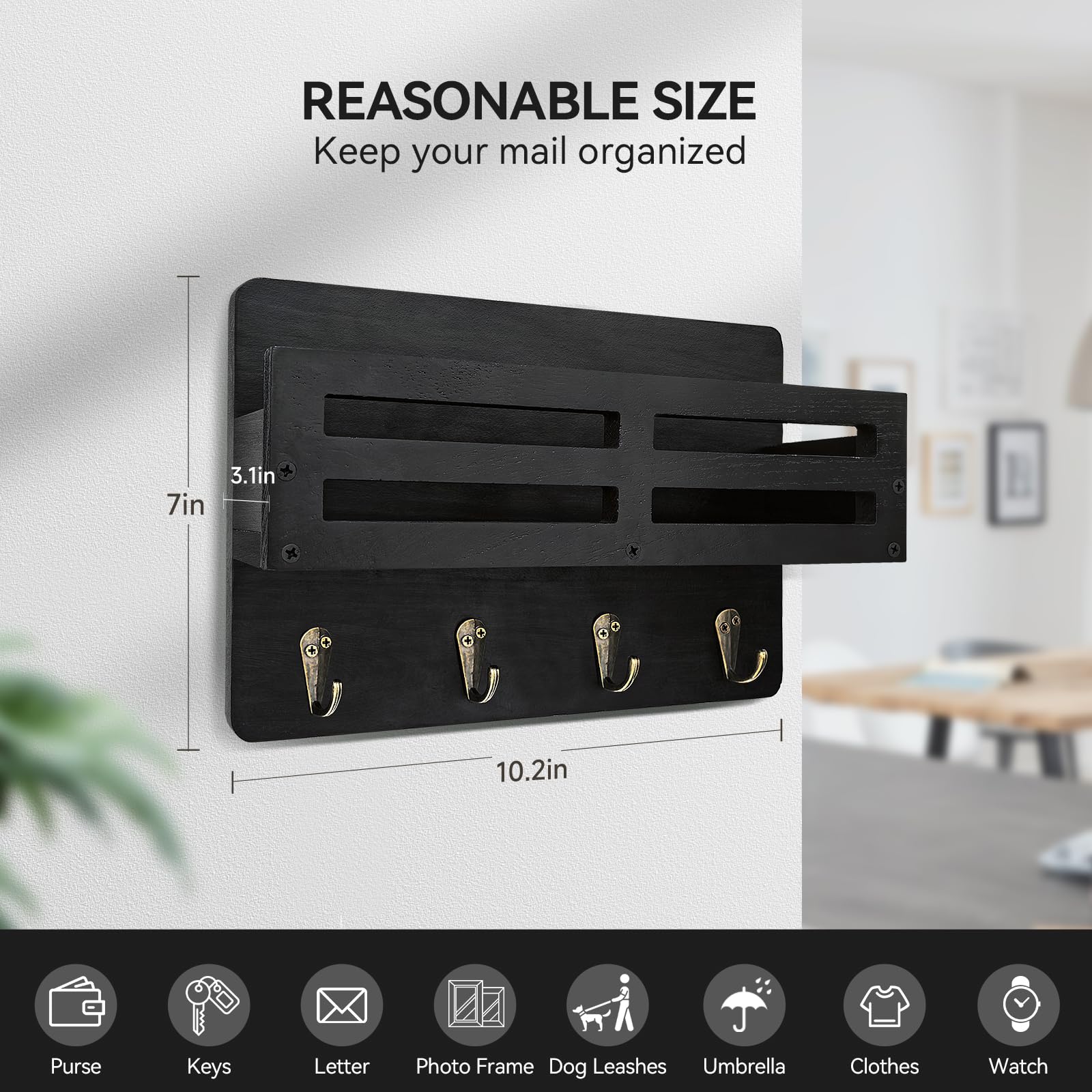 KISENG Key Holder Wall Mount, 10 inch Decorative Key and Mail Holder for Wall, with Mail Organizer