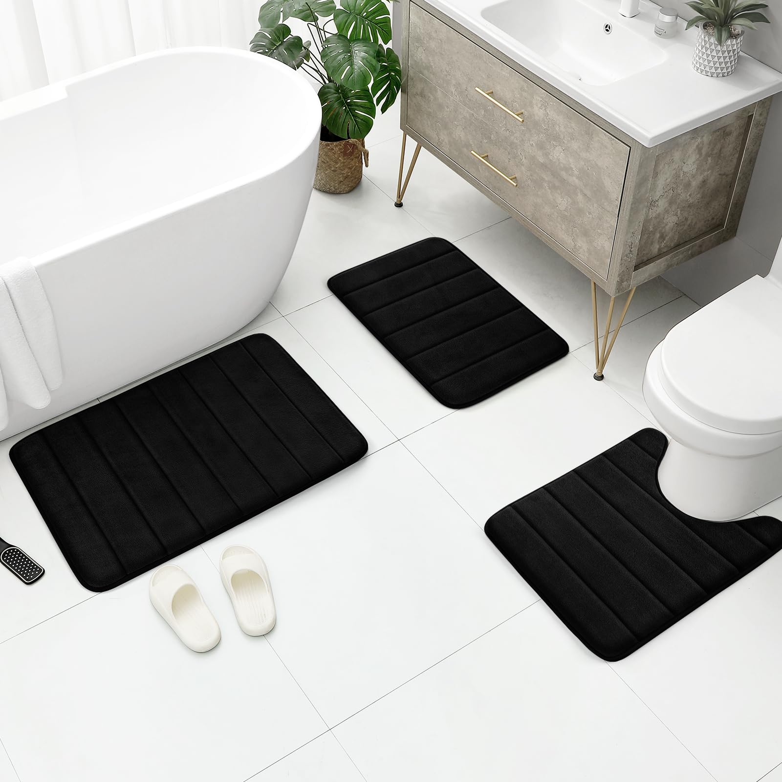 BYSURE Black Memory Foam Bathroom Rug Set 17"x24"+20"x32"+U20 x24