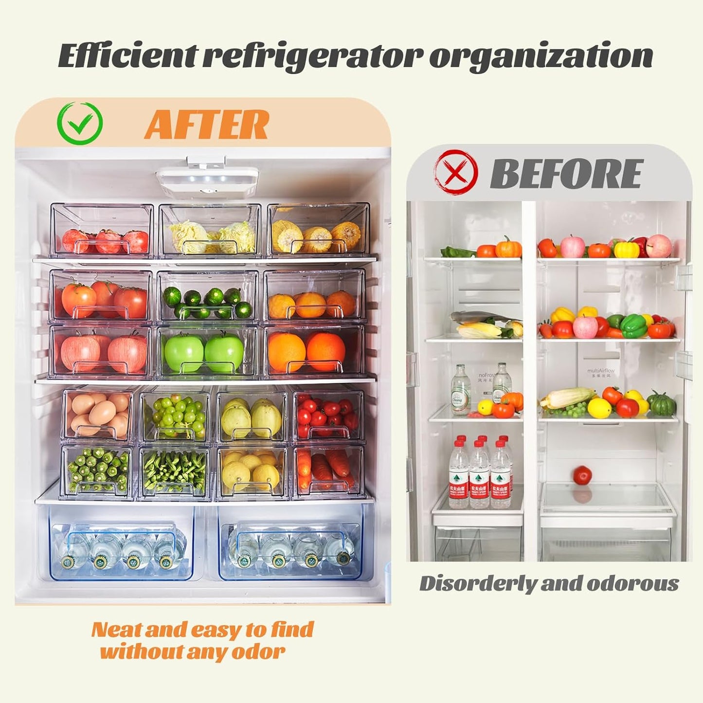 PeJeyiee 4 Pack Clear Stackable Refrigerator Organizers and Storage Drawers - Pull-Out Fridge Bins with Anti-Slip Base & Easy Clean, Plastic Organizers for Kitchen Pantry Cabinet Closet (Large)