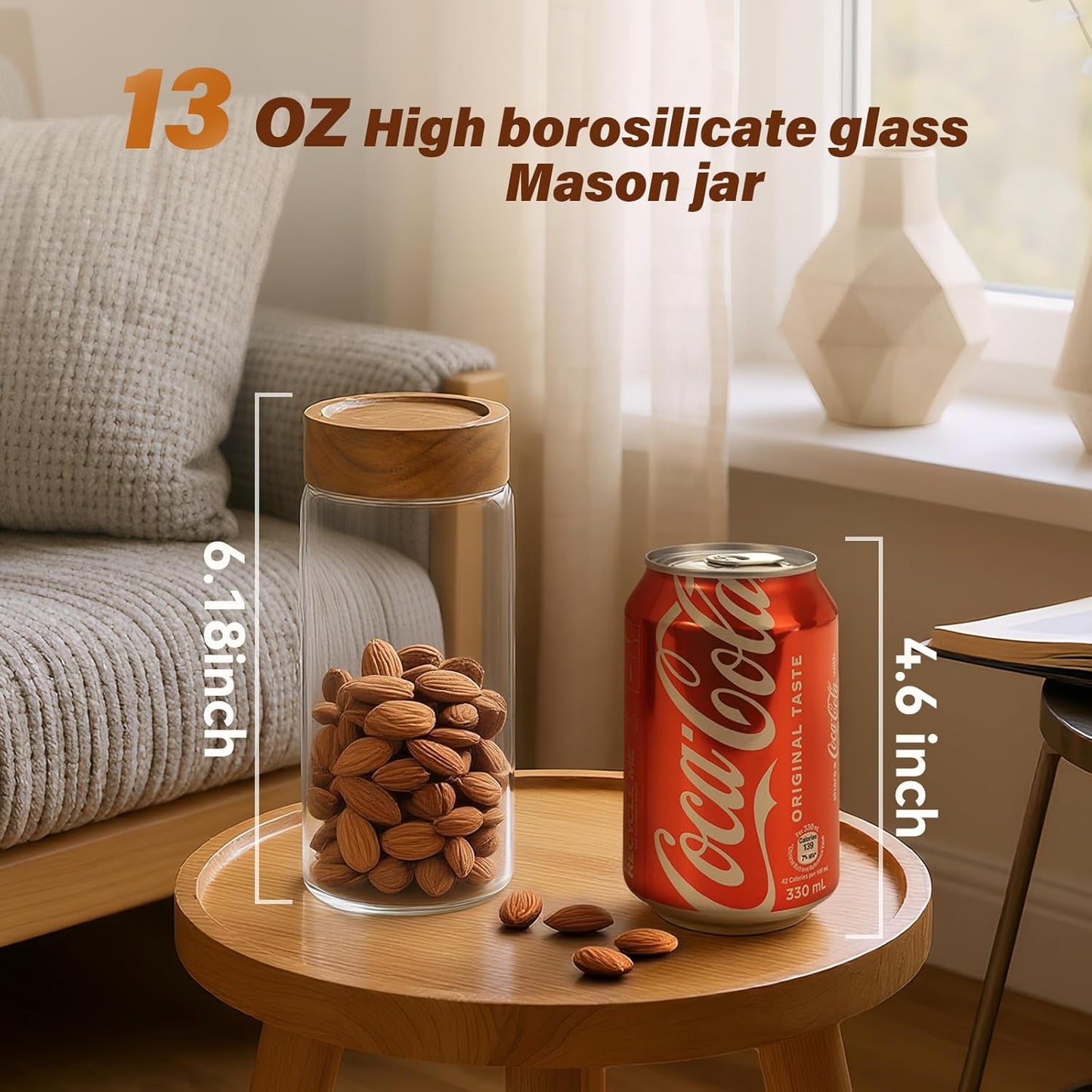 6 -Piece 13 oz Food-Grade Glass Mason Jars with Acacia Wood Lids, Sealable Waterproof, Transparent Easily Stackable for Overnight Oats, Spice Storage & Snack Organizing