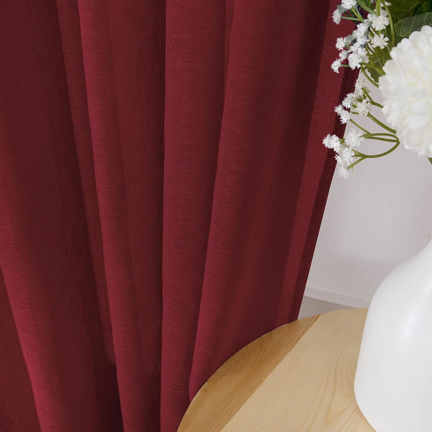 Tollpiz Short Sheer Curtain Living Room Linen Textured Curtains Sheer Light Filtering Voile Rod Pocket Curtain for Bedroom, 38 x 54 inches Long, Burgundy Red, Set of 2 Panels