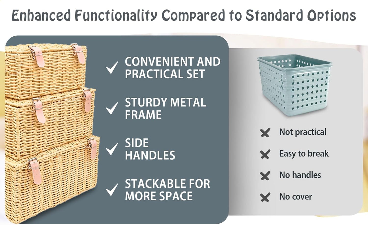 Wicker Storage Baskets with Lids – Set of 3 (Large, Medium, Small) for Organizing Clothes, Toys, Books – Stackable Basket with Lid for Bedroom, Nursery, and Home Decor