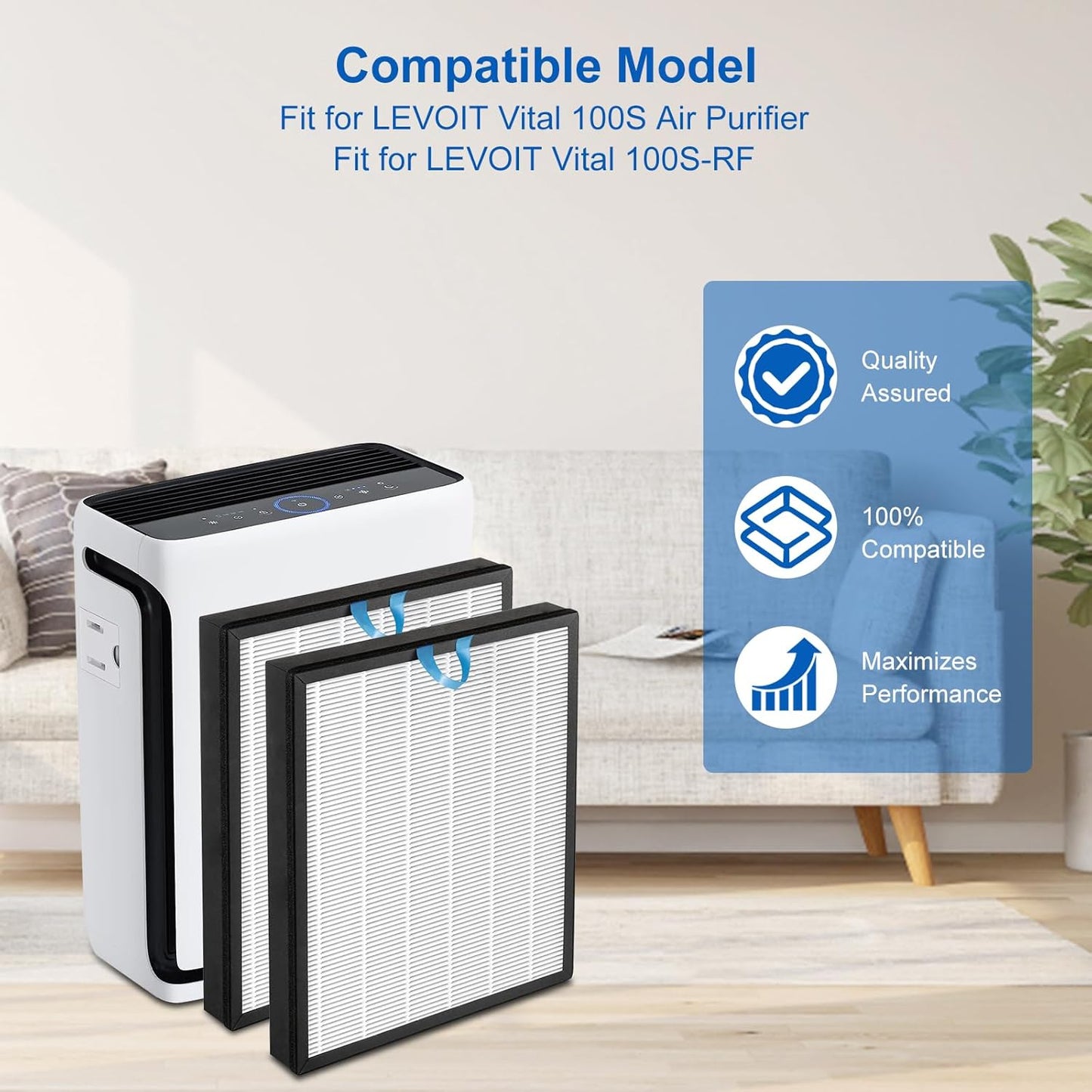 Vital 100S Replacement Filter Compatible with Levoit Smart WiFi Vital 100S Air Puri-Fier, 3-in-1 H13 Filter and High-Efficiency Activated Carbon Filter, Vital 100S-RF, 2 Pack.