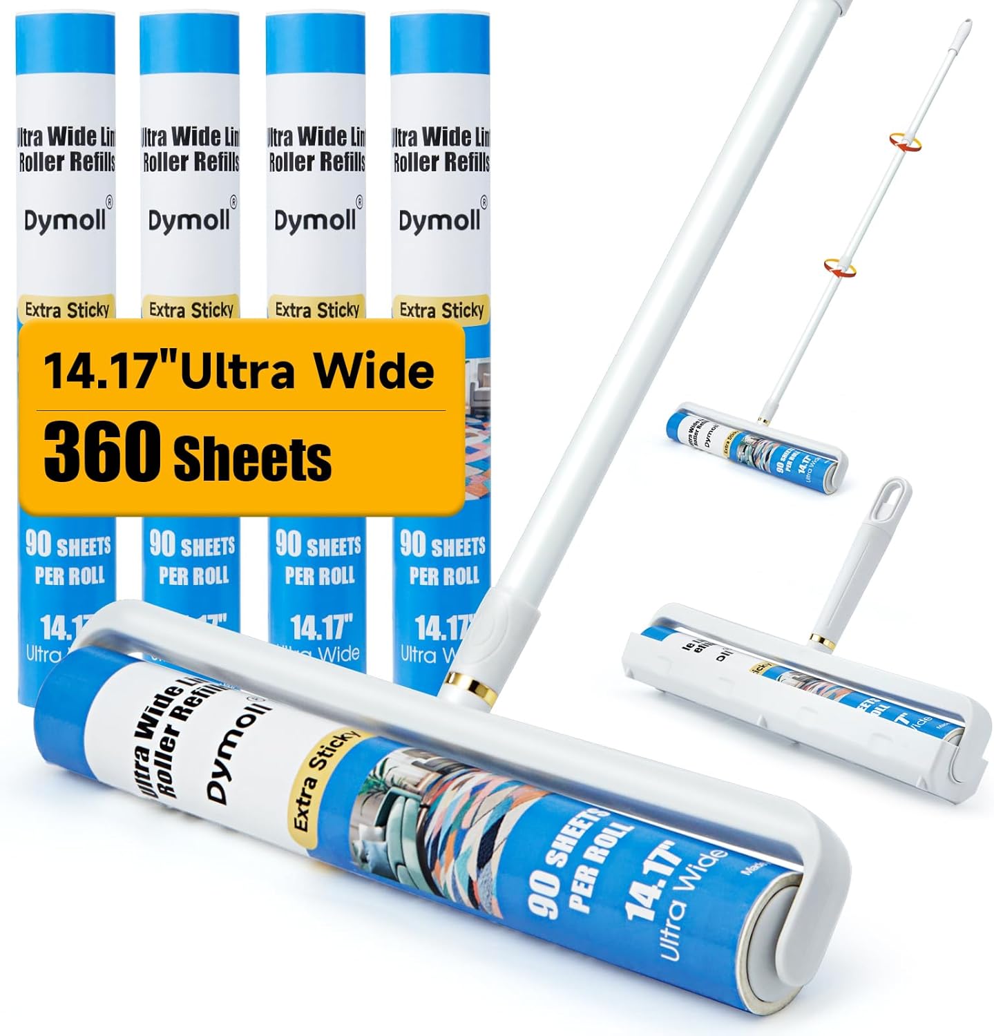 14.17" Large Lint Rollers for Pet Hair Extra Sticky, 360 Sheets Roller with Long Handle for Cleaning Carpets, Clothing, Couch, Furniture Wall Cleaner Mop Dust Remover