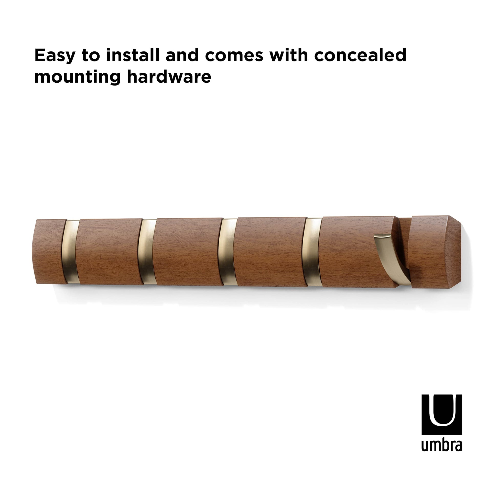 Umbra Flip Coat Rack, Wall Mounted 5-Hook Space Saving, Walnut/Gold