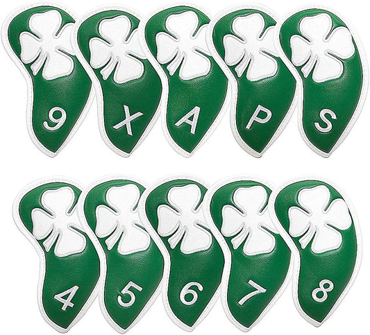 Lucky Clover Golf Iron Club Head Covers Headcovers Set, 10pcs Leather Golf Headcovers for Irons