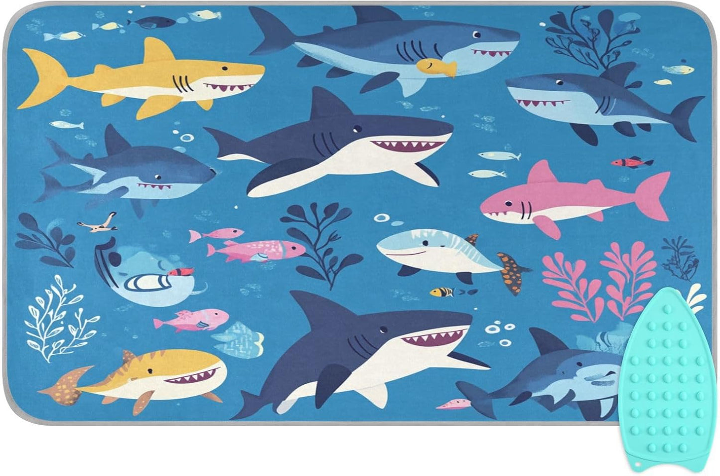 Sharks Fishes and Seaweed Blue Ironing Mat Thickened Ironing Blanket Travel Portable Double-Side Using Ironing Pad Travel Isolate Heat Pad Cover for Washer Dryer Table Top Countertop 27.6x47.2i