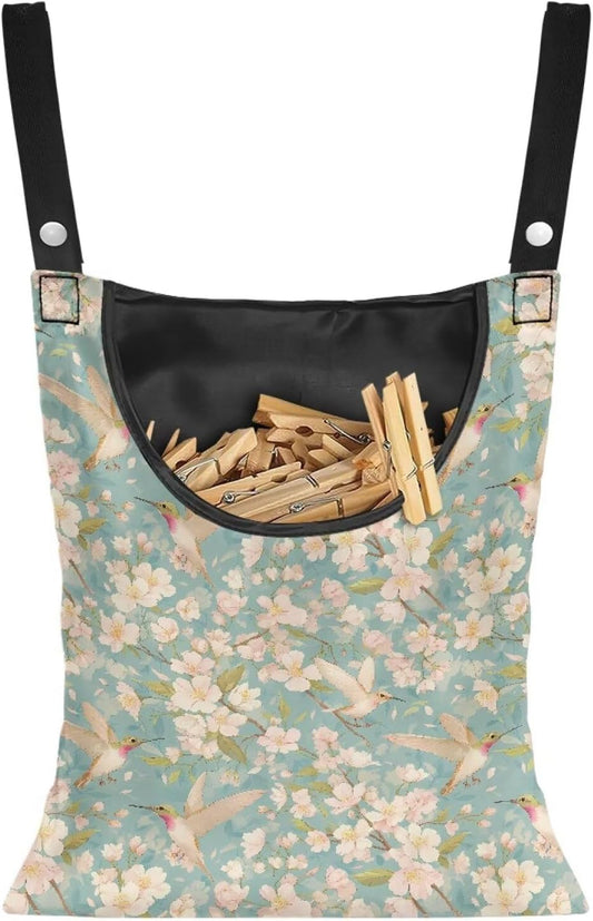 Clothespin Bag, Hanging Laundry Bag, Clothes Lines for Hanging Clothes Outside, Hanging Storage Organizer with Hanging Rope for Home Outdoor - Flower and Bird