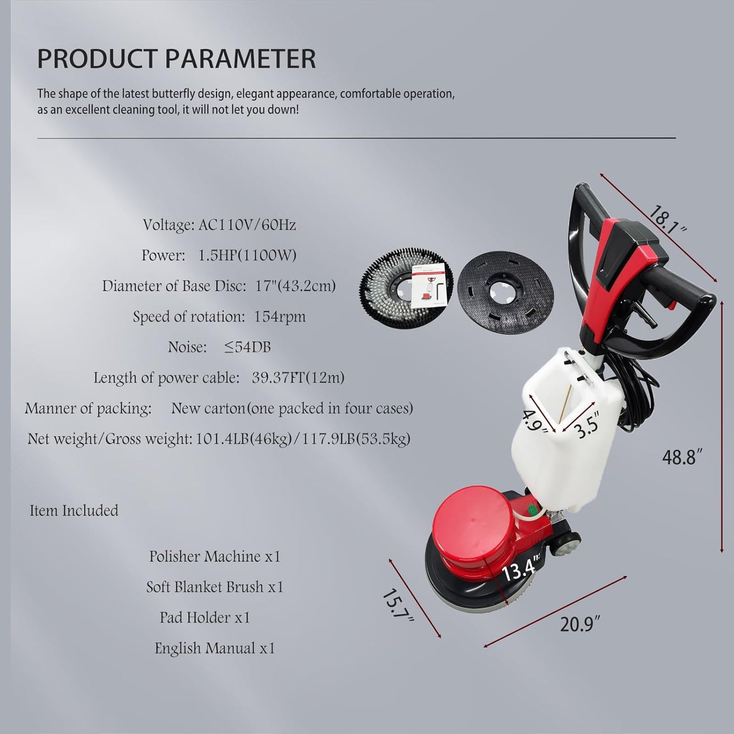 1100W Red Floor Polisher Commercial Floor Cleaner Polishing Machine Carpet Buffer Scrubber with 3gal Water Tank and 17" Base 154Rpm AC110V