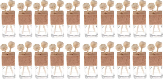 20 Pack,8ml Clear Glass Car Air Freshener Perfume Clip Diffuser,Empty Essential Oil Perfume Vials Diffuser Vent Outlet,Thick Glass Ornament with Wooden Caps,Free Funnel,Dropper