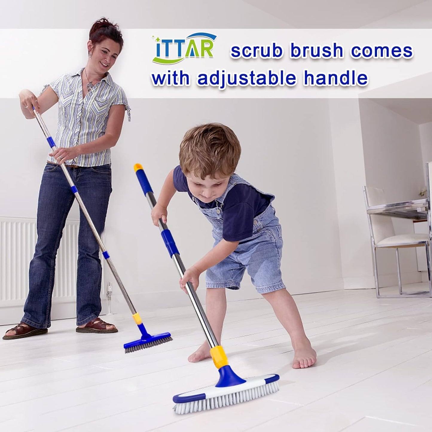 ITTAR Grout & Scrub Brush Combo, Floor Scrubber with Long Handle, Multi-Purpose Stiff Bristles Cleaning Brush Set for Tile, Grout, Deck, Kitchen, Shower Floor (2 Pcs)