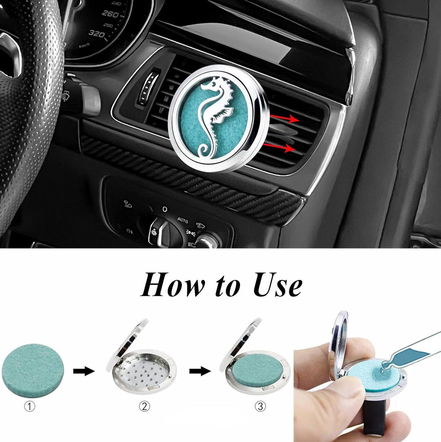 AZNECK Car Essential Oil Diffuser Vent Clip Car Diffuser Vent Clips Hippocampus Air Freshener 10 Felt Pads Car Accessories for Women Gifts