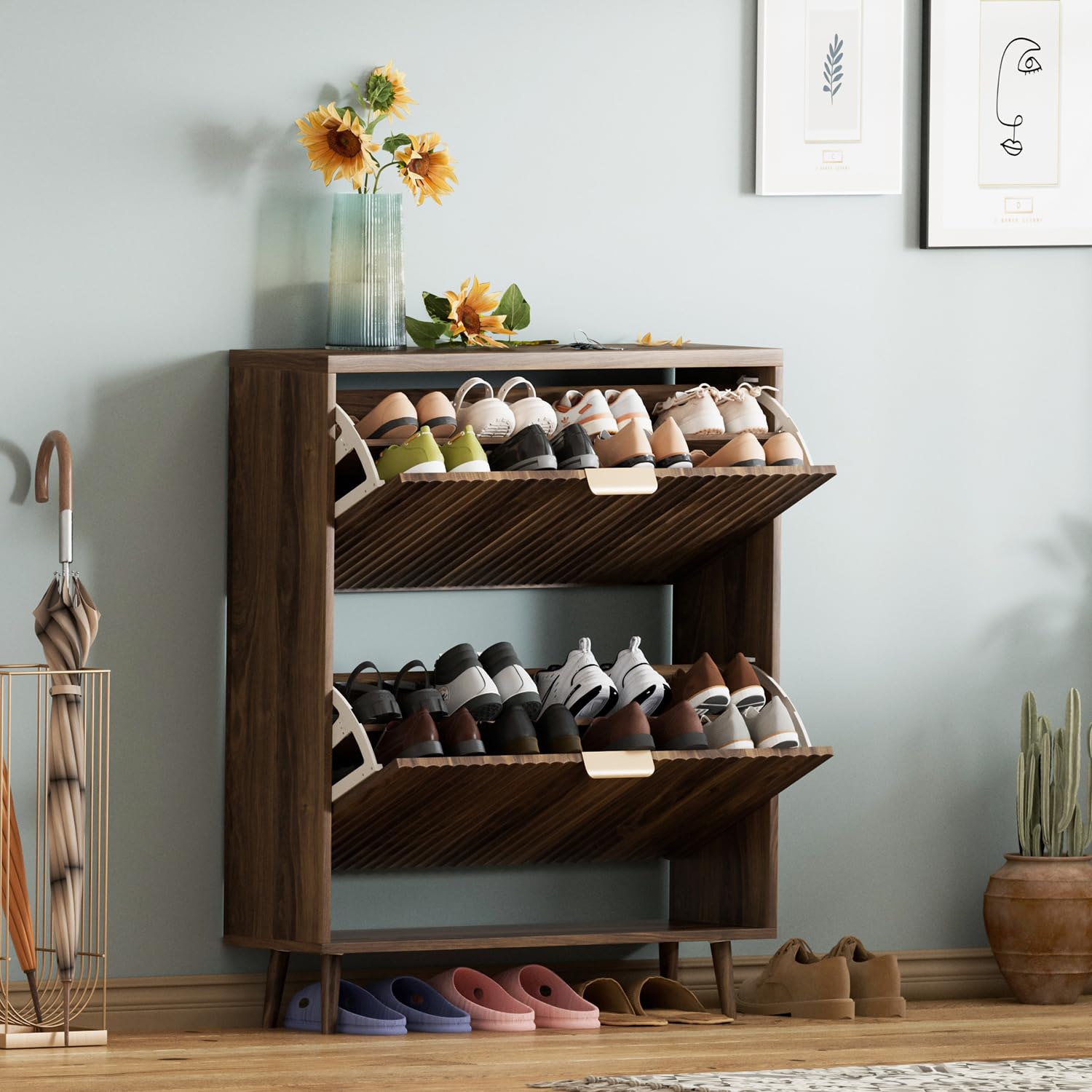 QIVOMIX Shoe Cabinet Storage, Modern Freestanding Organizer with 2 Flip Drawers, Narrow Shoe Rack