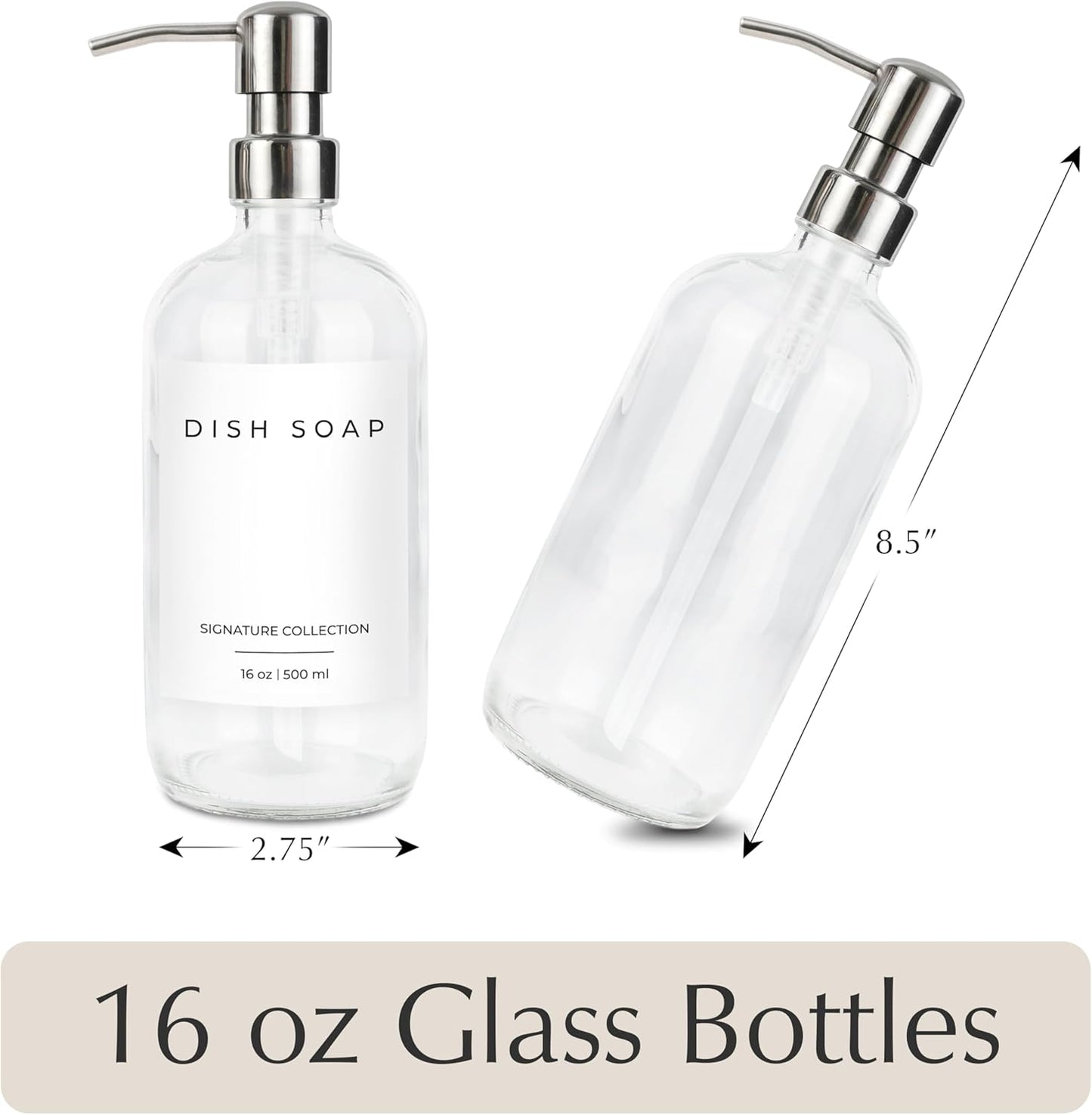 Emerson Essentials Glass Soap Bottle Dispensers, 2 Pack, Stainless-Steel Pumps Rust-Free, Hand Set for Bathroom Kitchen Sink, Liquid Lotion Shampoo Jars with 4 Waterproof Labels, 16 Oz Chrome