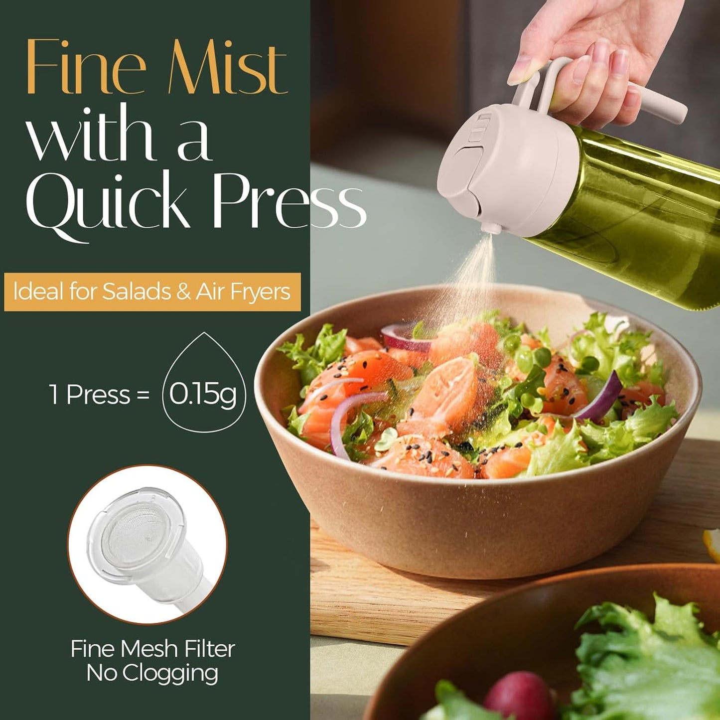 YARRAMATE 16oz/470ml Light-Blocking Dark Oil Sprayer for Cooking, 2 in 1 Olive Oil Dispenser Bottle for Kitchen,Dark Green Glass Oil Bottle, Food-Grade Oil Mister for Air Fryer, BBQ (LotusRootPink)