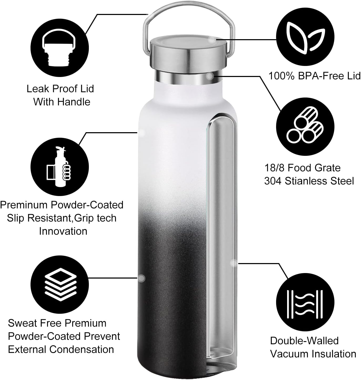 Neihepal 20 oz Insulated Water Bottles Bulk 2 Pack,Stainless Steel Double Wall Sport Bottle with Lid of Handle,Metal Reusable Thermoses Flask for School,Cyclists,Hikers,Gift (White-Black,Set of 2)