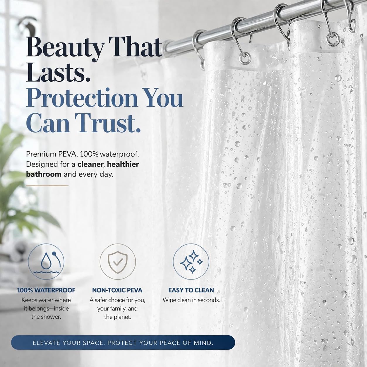 EHZNZIE Crystal Clear Shower Curtain Liner 72x72, PEVA Waterproof Bath Curtain, No Chemical Smell