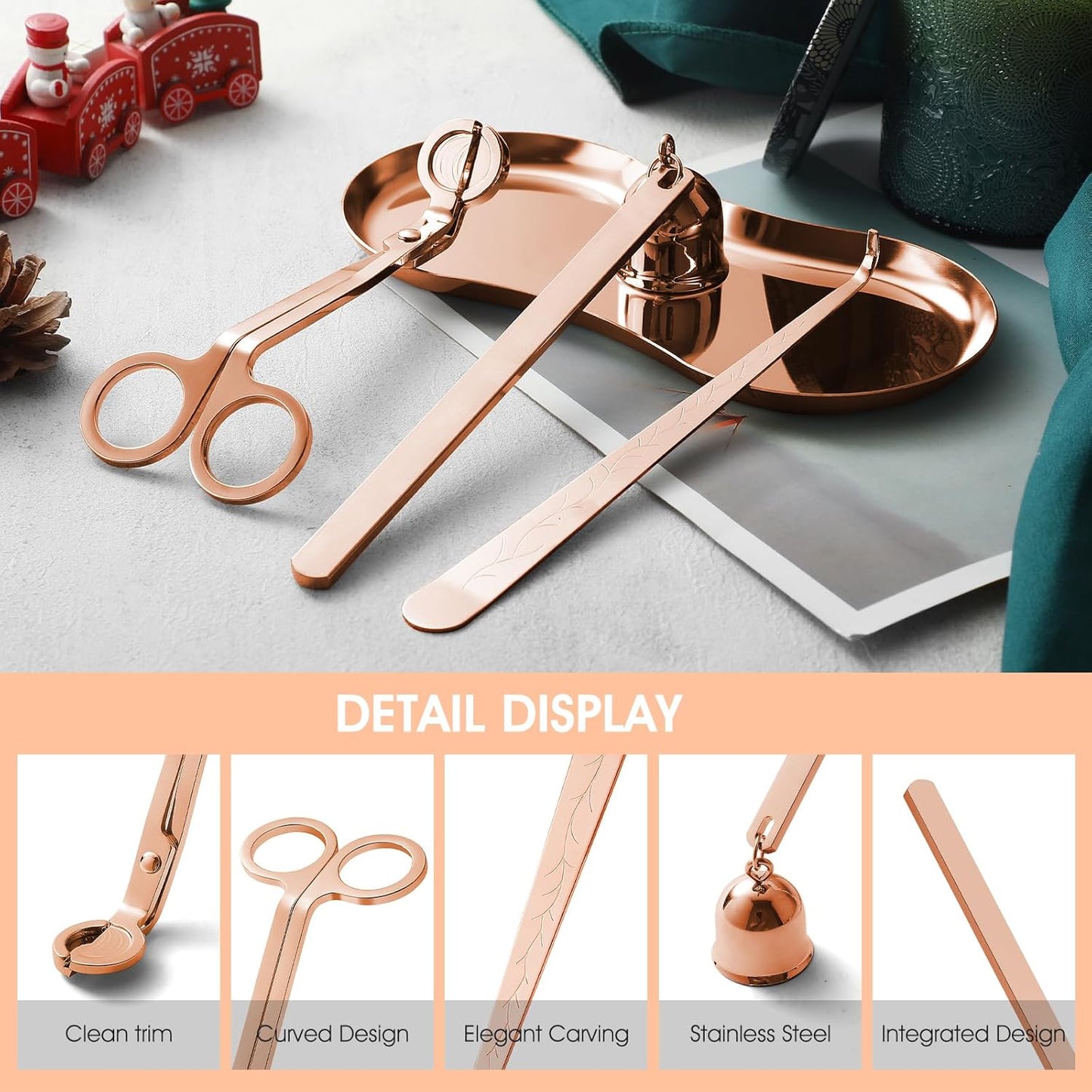 PATOISE 3 in 1 Candle Accessory Set Mini, Candle Wick Trimmer Cutter, Candle Snuffer, Candle Wick Dipper in Gift Package for Candle Aromatherapy Lovers(3PCS Rose Gold)